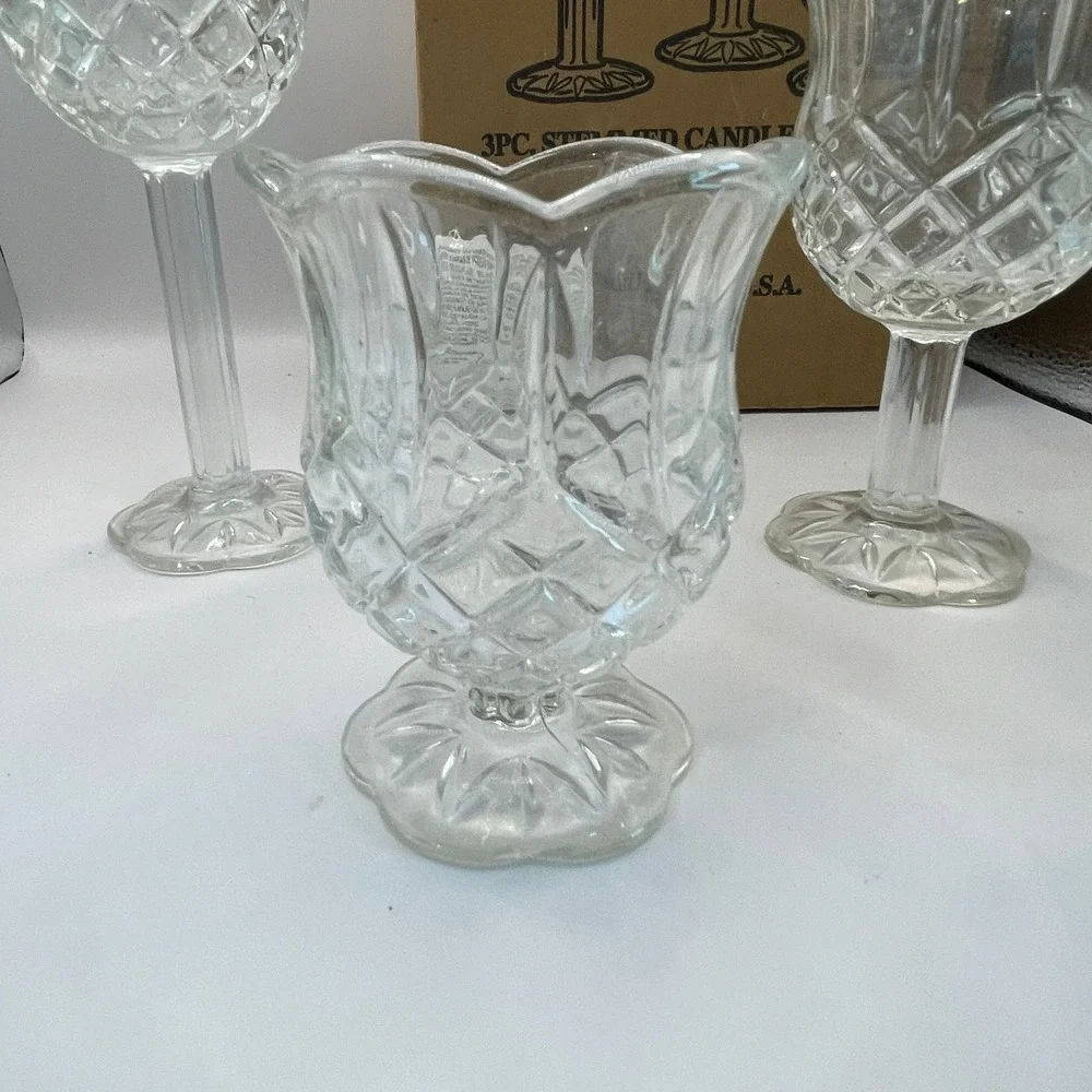 Home Interiors Stemmed Candle Holder Set 3pc Clear Glass Diamond Cut Vintage 90s